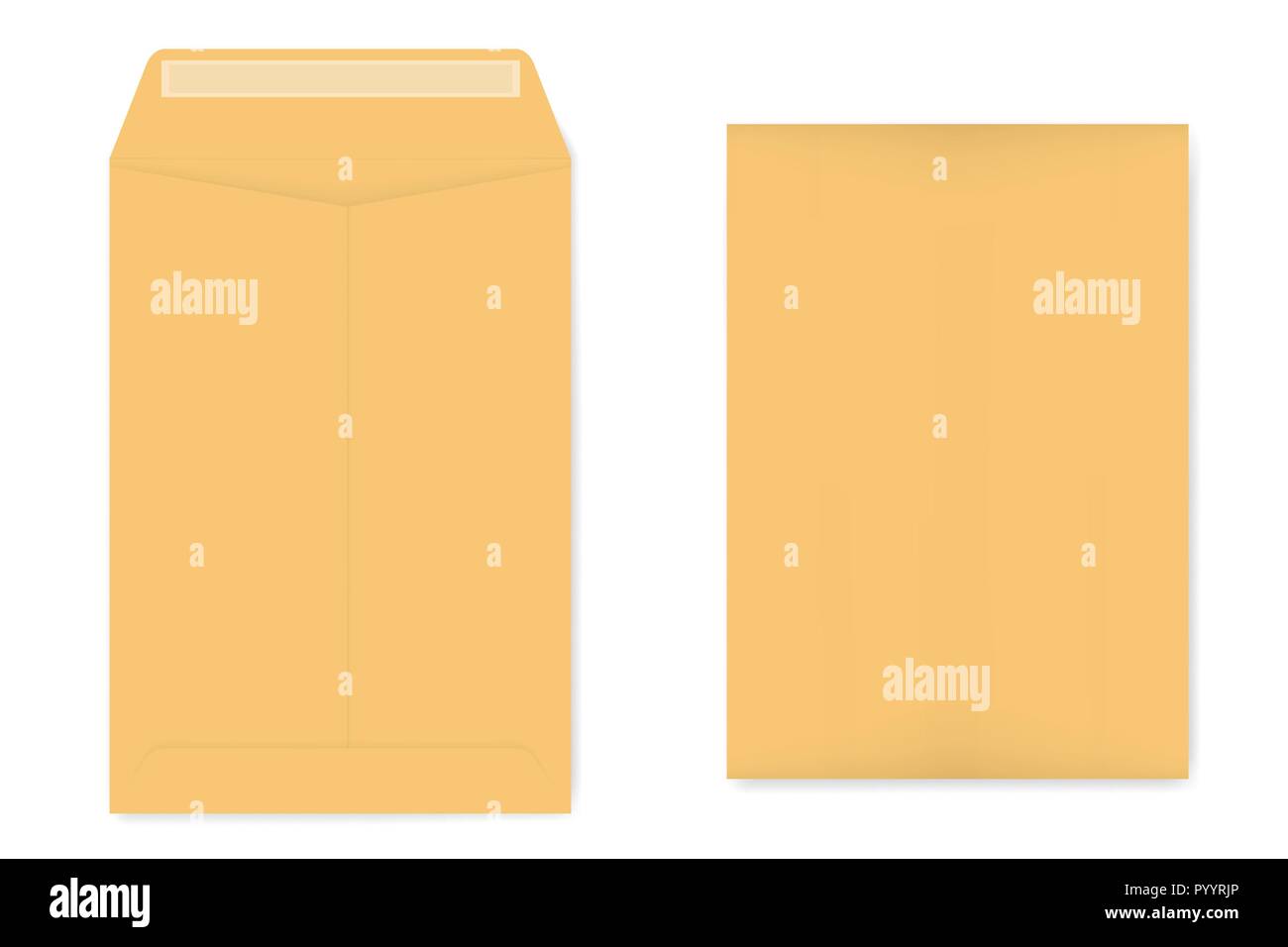 A4 catalog envelope with self adhesive seal, mockup. Empty kraft document case isolated on white background, vector template Stock Vector