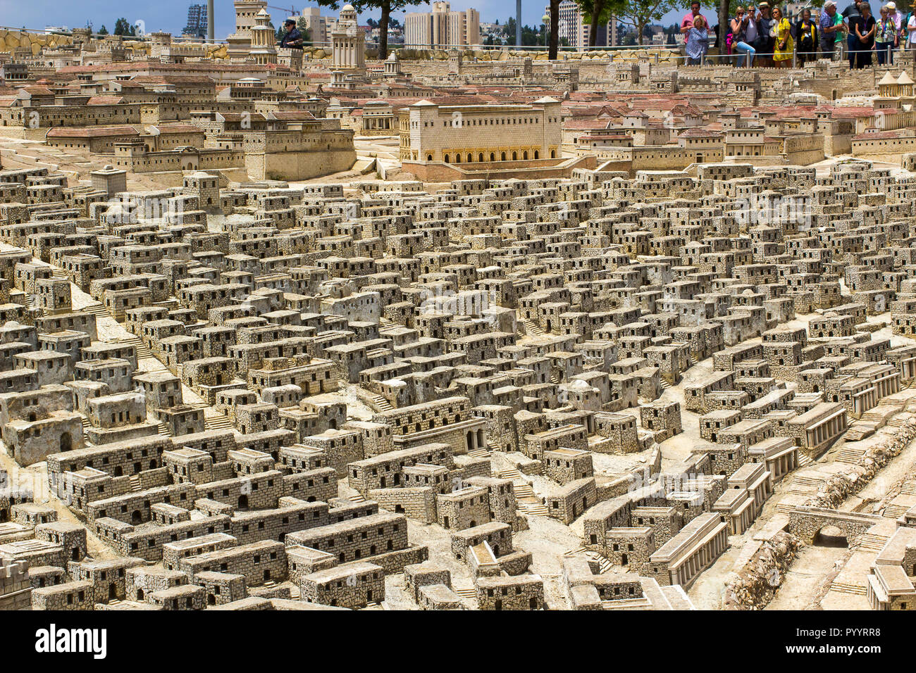 9 May 2018 Visitors walk around the outdoor scale model of the ancient city of Jerusalem at the Israel Museum in Jerusalem. The model has many arbitra Stock Photo