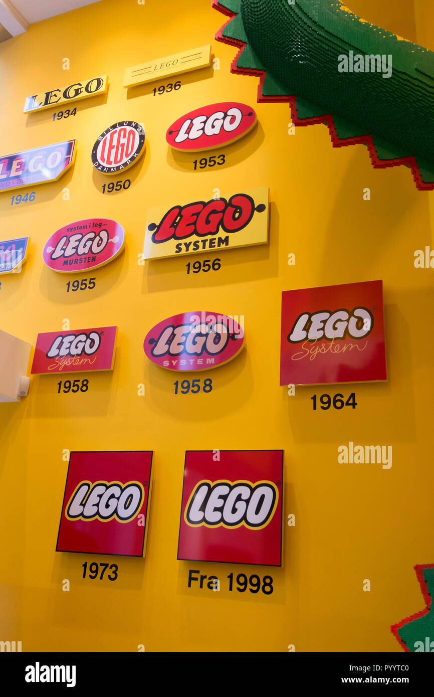 A guide to the various Lego logos used throughout the company's history.  Displayed at Lego's store in Copenhagen, Denmark Stock Photo - Alamy
