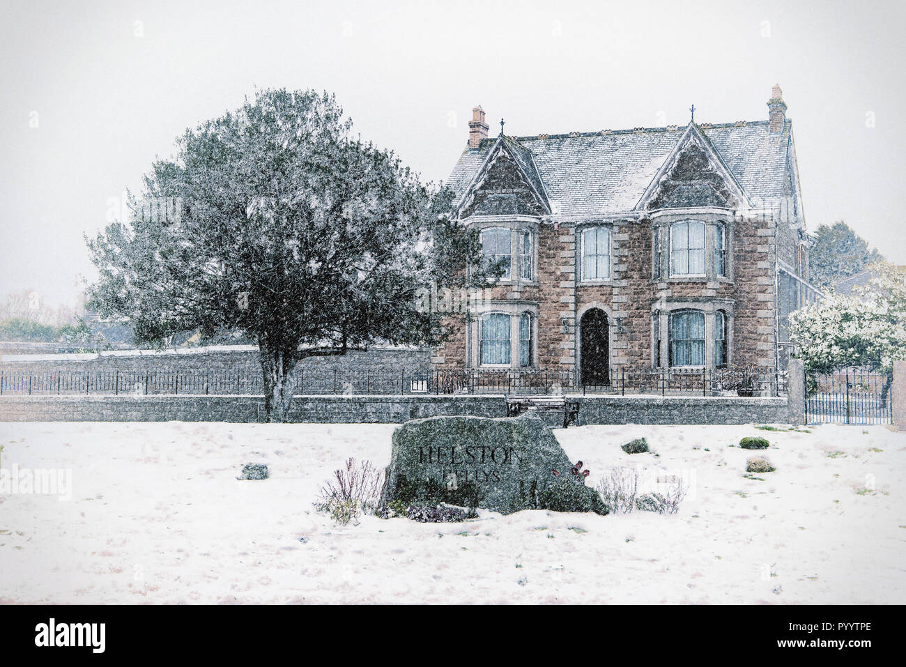 Snow in helston Cornwal uk,in a cornish field or woodland or seascape or town in Cornwall UK Stock Photo