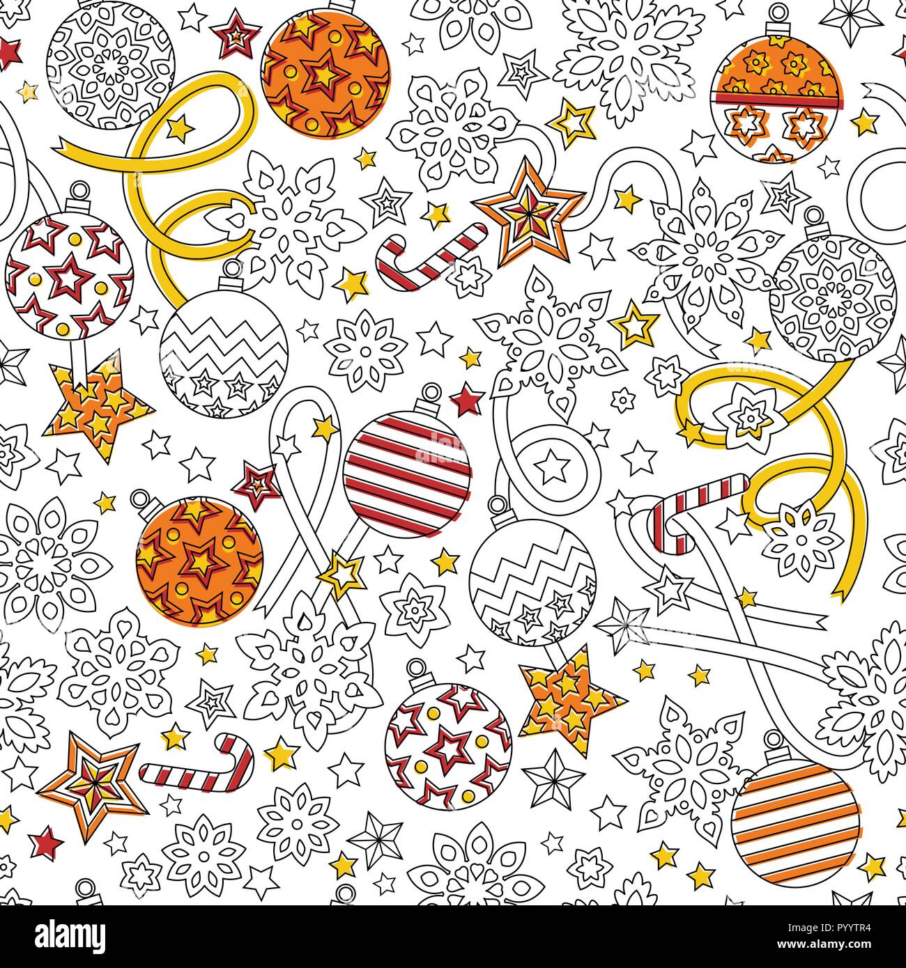 New year hand drawn outline festive seamless pattern with snowflakes, christmas balls and stars isolated on white background. Stock Vector