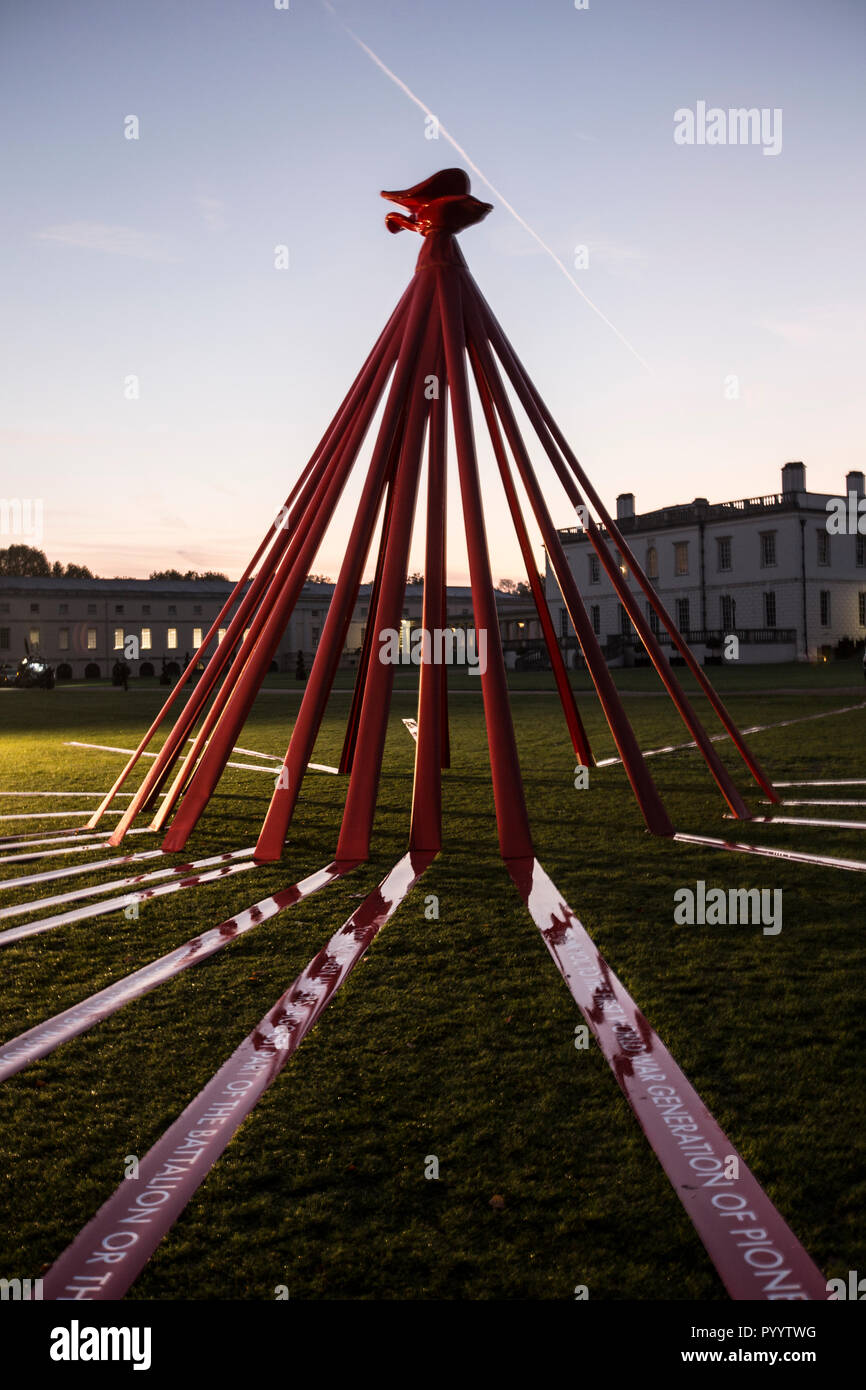 Poppy Appeal National Launch 2018. Six metre high poppy installation commemorates the First World War in the grounds of the Maritime Museum, Greenwich Stock Photo