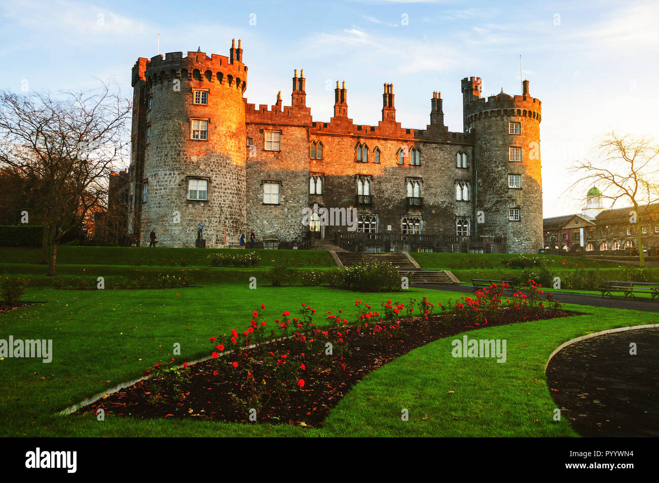 Kilkenny Castle and gardens in the evening. It is one of the most visited tourist sites in Ireland Stock Photo