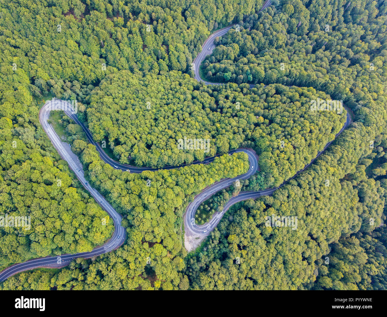 Transfagarasan national road DN7C connecting regions of Transylvania and Wallachia. Winding asphalt paved road in woods of Carpathian mountains, Romania. Aerial drone view. Map view Stock Photo