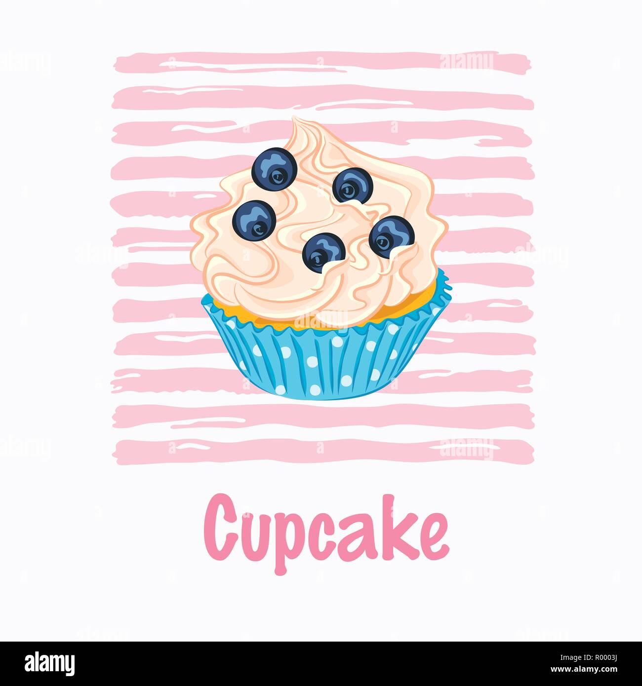 Cartoon style cupcake with whipped cream and blueberry in the blue paper holder vector icon on the pink striped background Stock Vector
