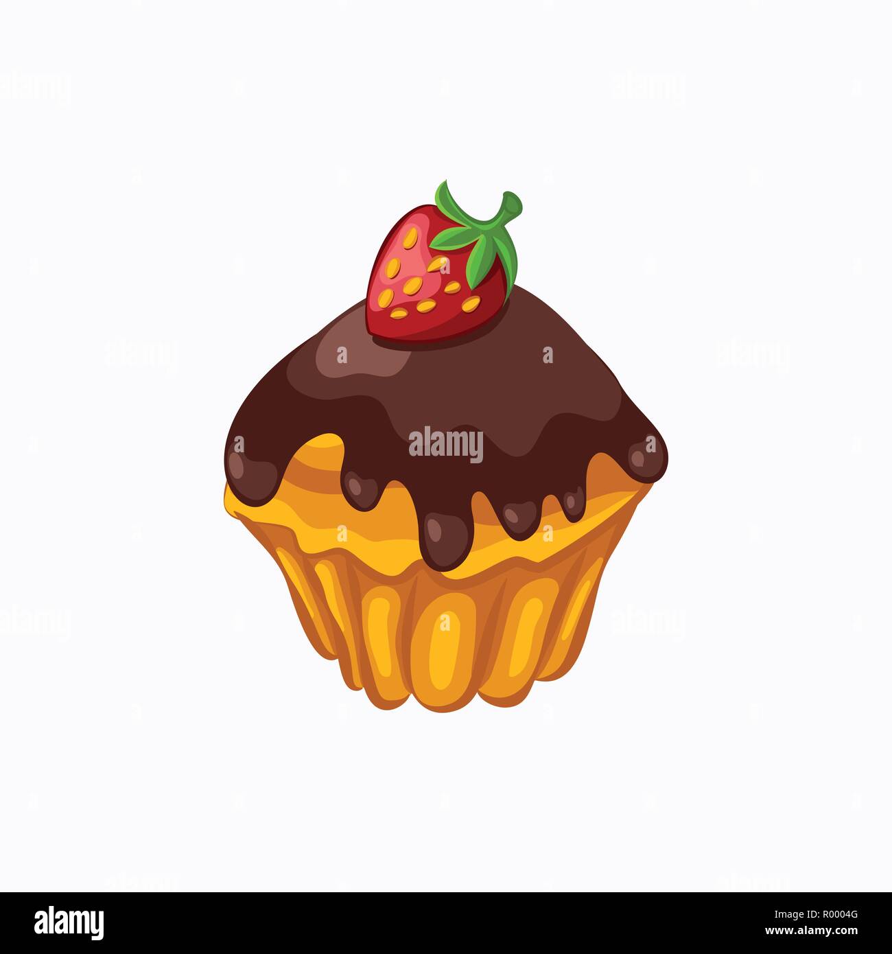 Cartoon style chocolate glazed muffin with strawberry vector icon