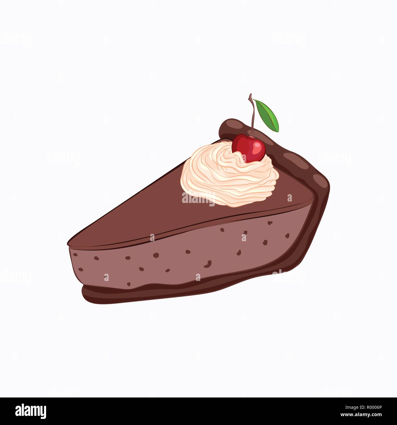 Cartoon style chocolate cheesecake with whipped cream and cherry vector icon isolated on the white background Stock Vector