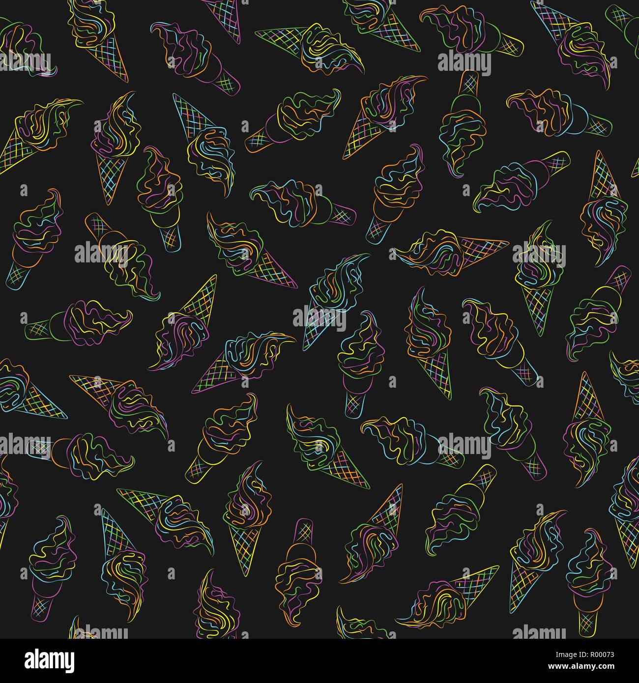 Neon colors vector ice cream on the black background seamless pattern. Sweet dessert for wrapper or textile surface. Stock Vector