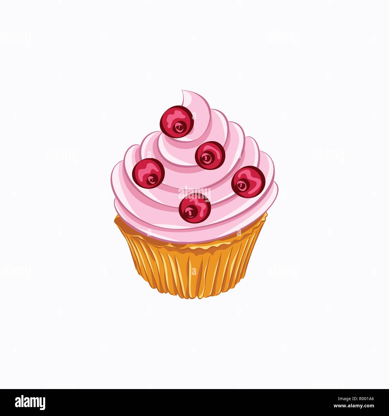 Cartoon style vanilla cupcake with pink whipped cream and cherry vector icon isolated on the white background Stock Vector