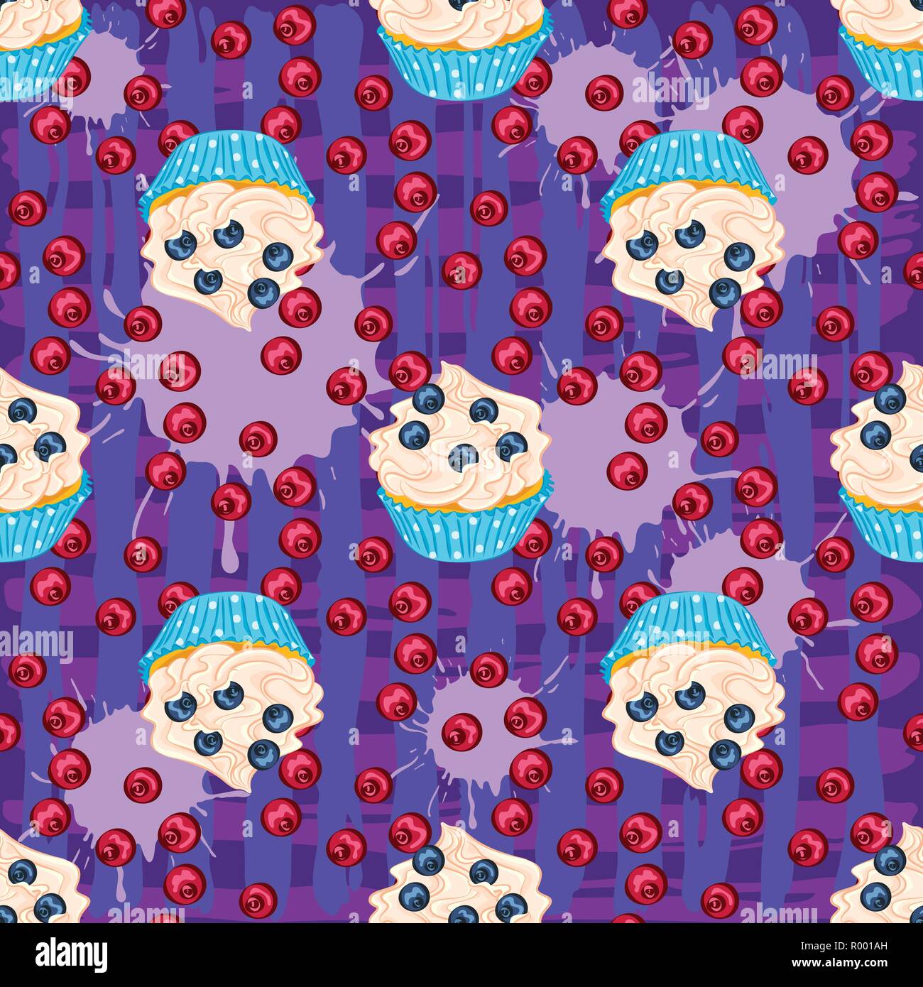 Cupcake with fresh red berry and blueberry on the purple background vector seamless pattern. Sweet dessert for wrapper or textile. Stock Vector