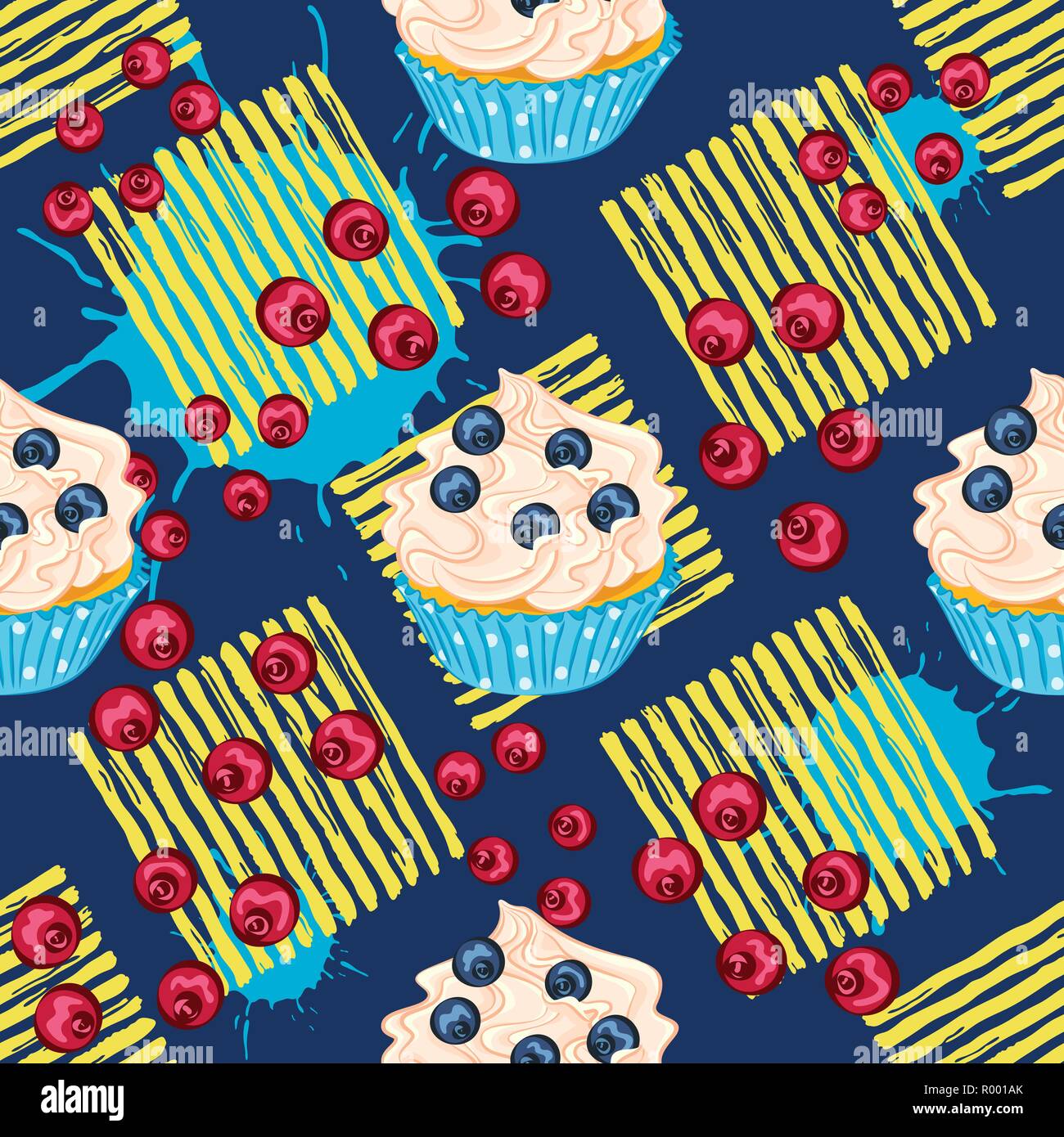 Cupcake with fresh red berry and blueberry on the blue background vector seamless pattern. Sweet dessert for wrapper or textile. Stock Vector