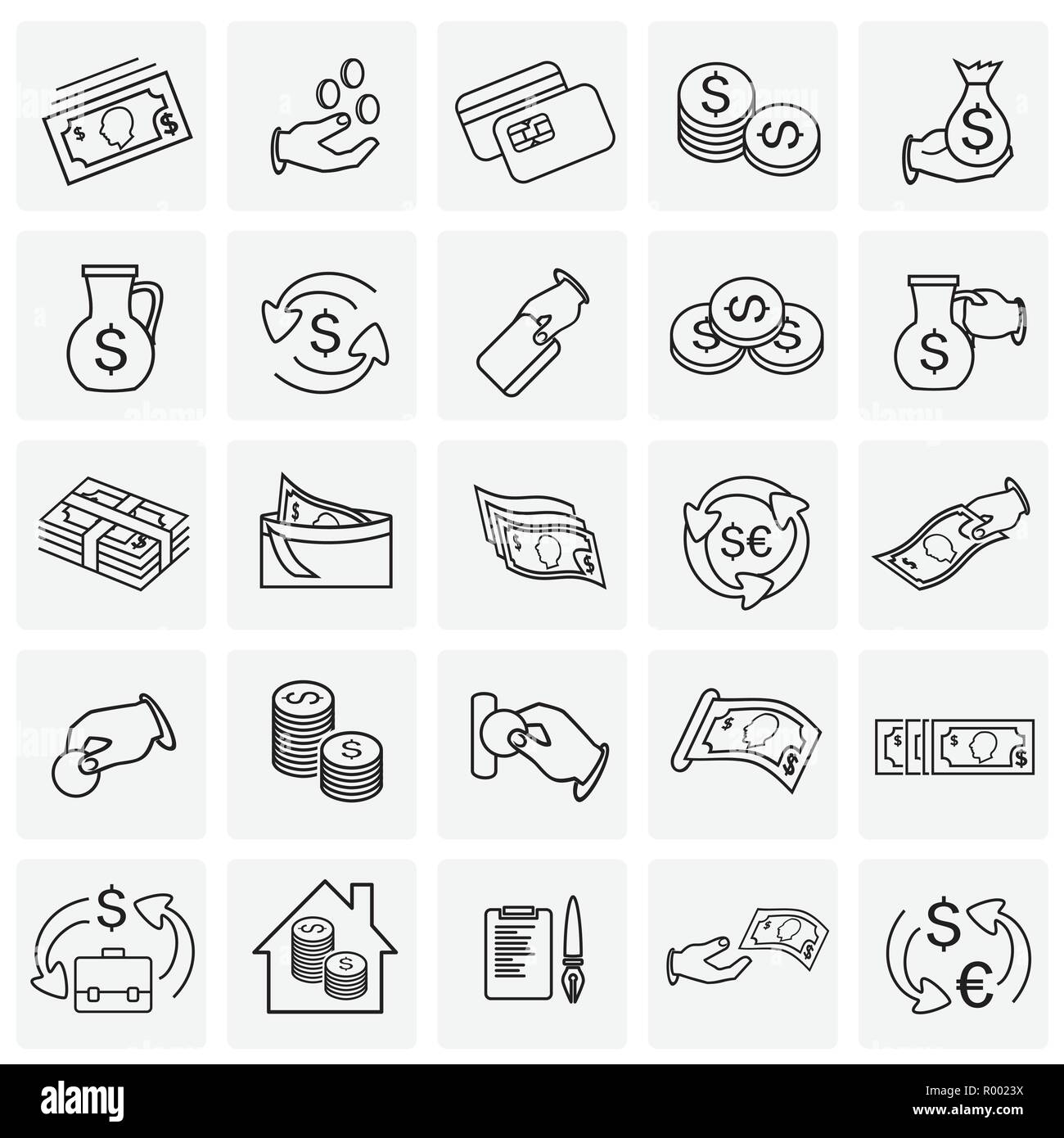 Money and finance thin line set on squares background icons Stock ...