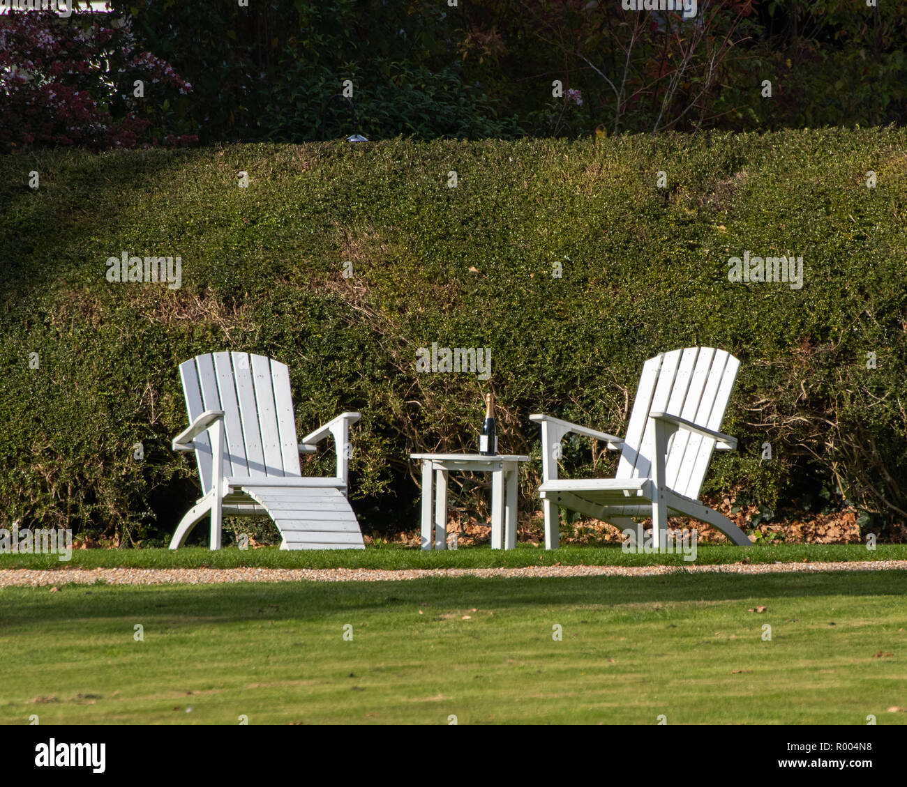 Champagne and sun loungers in the sun on a green lawn Stock Photo