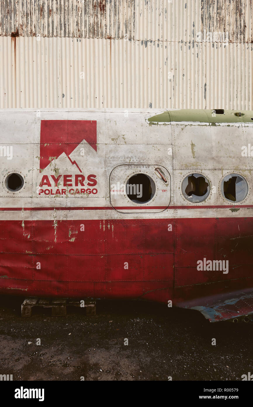 A vintage Ayers Polar Cargo plane fuselage now left disused in Iceland. Stock Photo