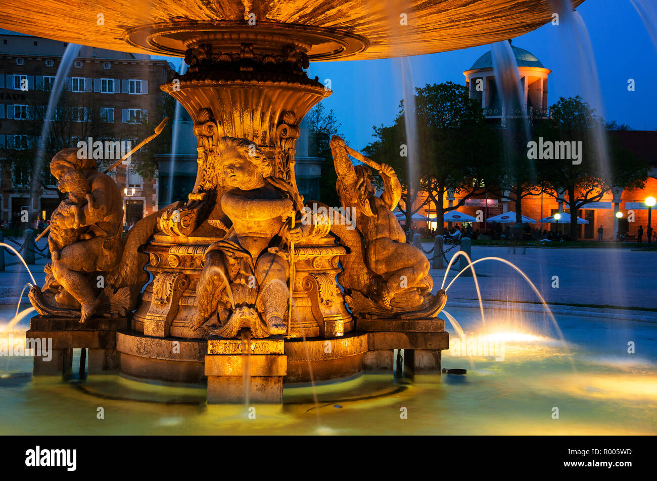 Illuminated Fountain at New Castle square, Stuttgart, Germany Stock ...