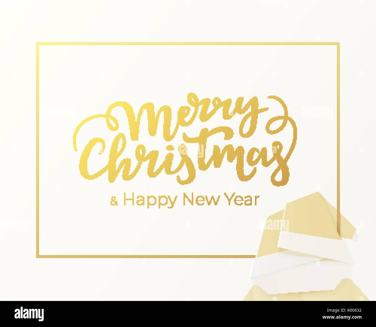 Merry Christmas and Happy New Year lettering made of gold foil. Winter holidays greeting card design with silver background Stock Vector