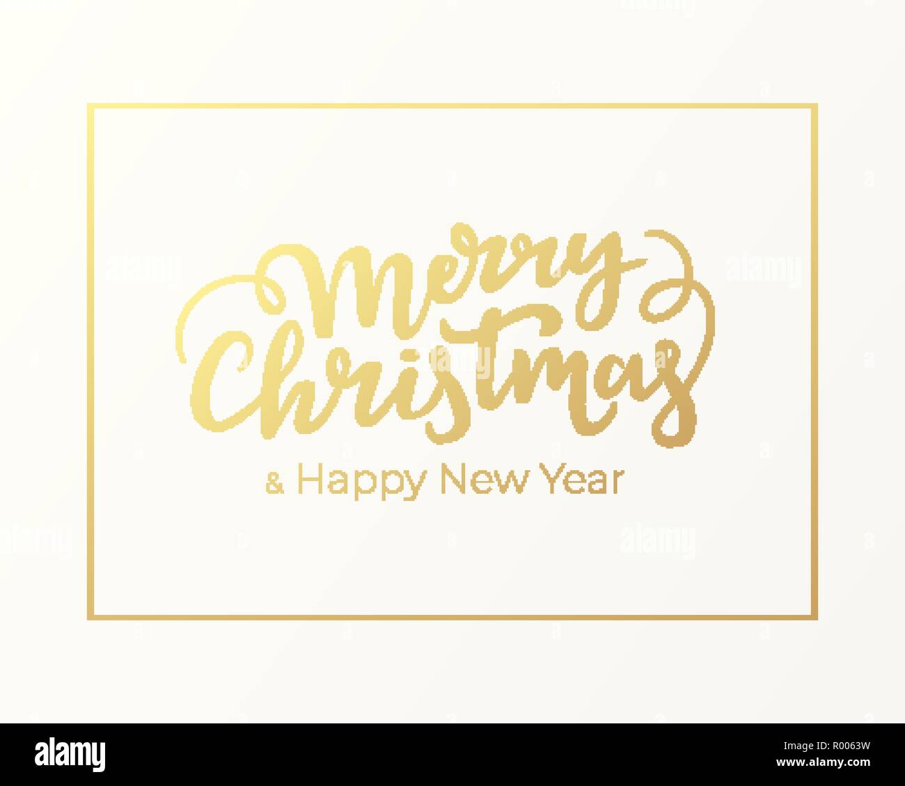 Typographical festive greeting postcard design for Christmas and New Year. Winter holidays card with golden frame and lettering on background of light Stock Vector