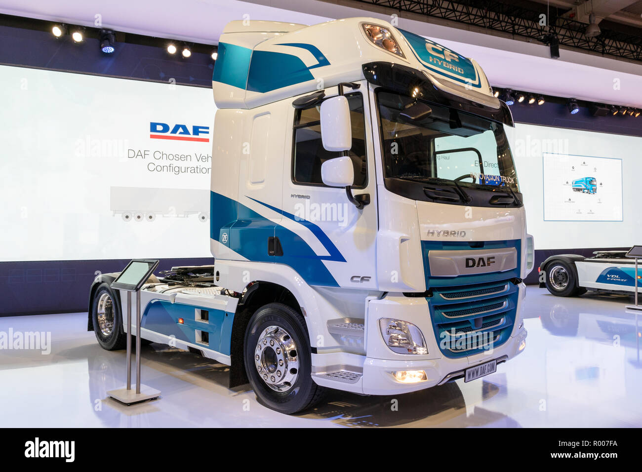 HANNOVER, GERMANY - SEP 27, 2018: New DAF CF Hybrid truck showcased at the Hannover IAA Commercial Vehicles Motor Show. Stock Photo