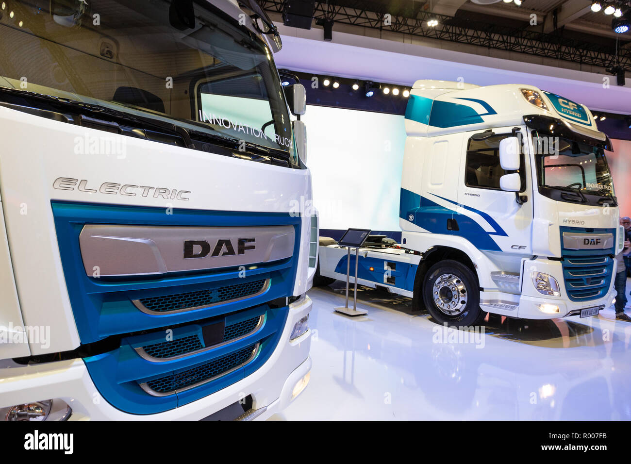 HANNOVER, GERMANY - SEP 27, 2018: DAF CF Hybrid and Electric trucks presented at the Hannover IAA Commercial Vehicles Motor Show. Stock Photo