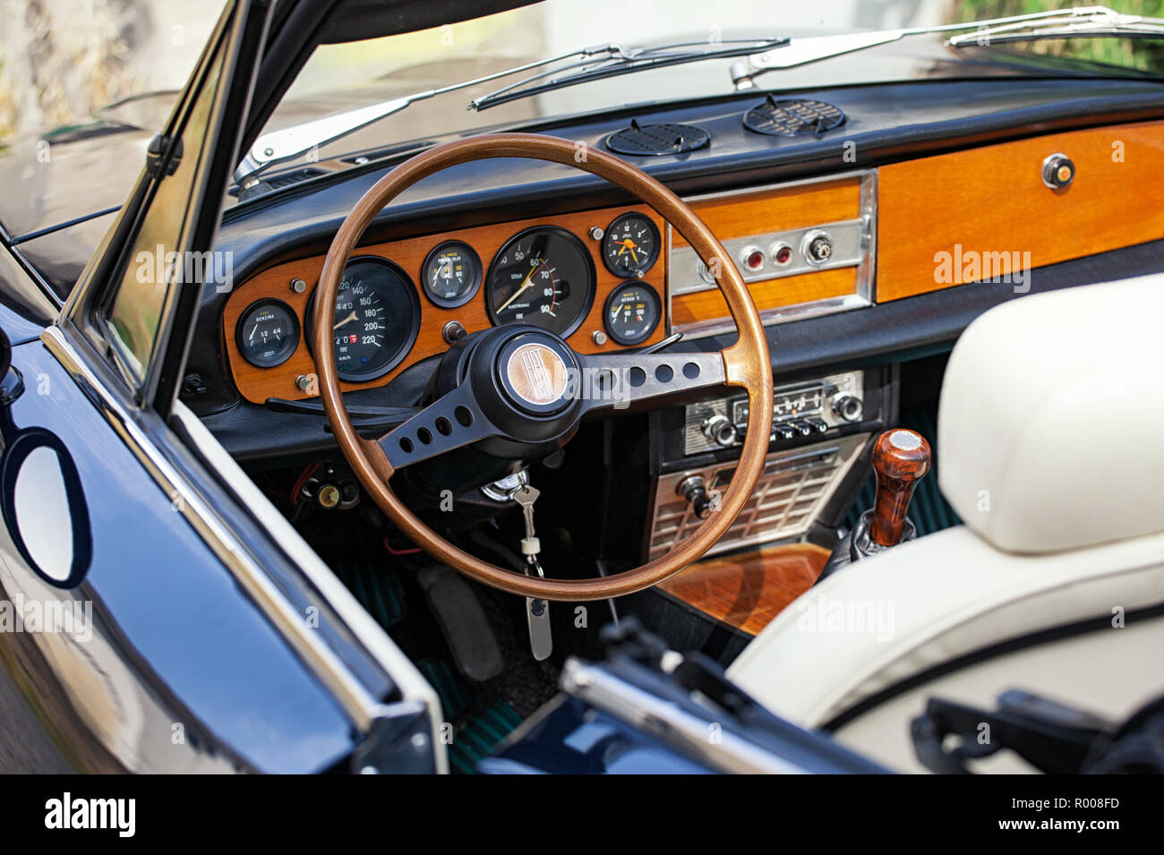 Teano, Italy - July 27, 2012: internal detail of the FIAT Spider 2000 Pininfarina. It was built on the shortened chassis of the sedan and was equipped Stock Photo