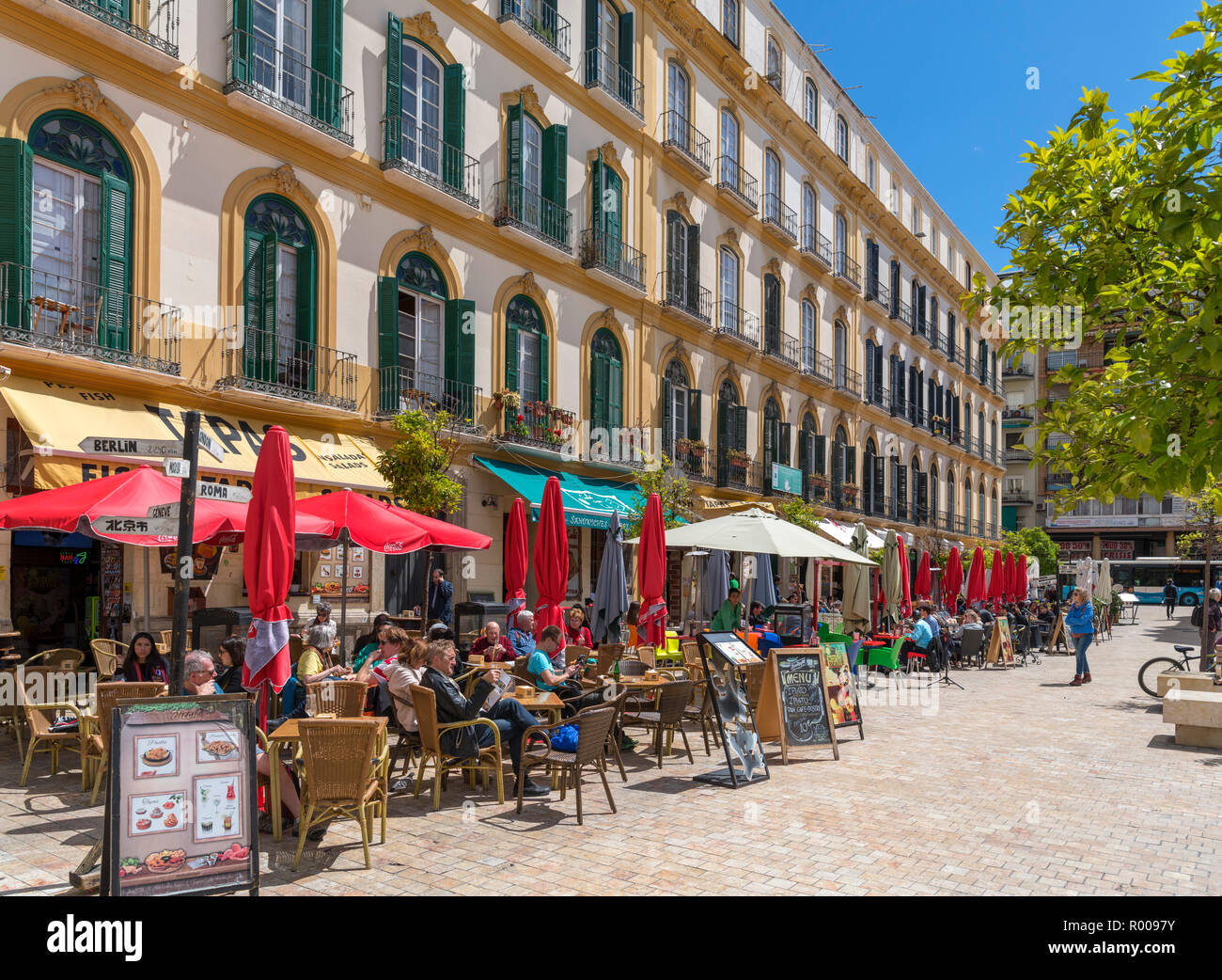 Cafes and restaurants in the old town, Plaza de la Merced, Malaga, Costa del Sol, Andalucia, Spain Stock Photo