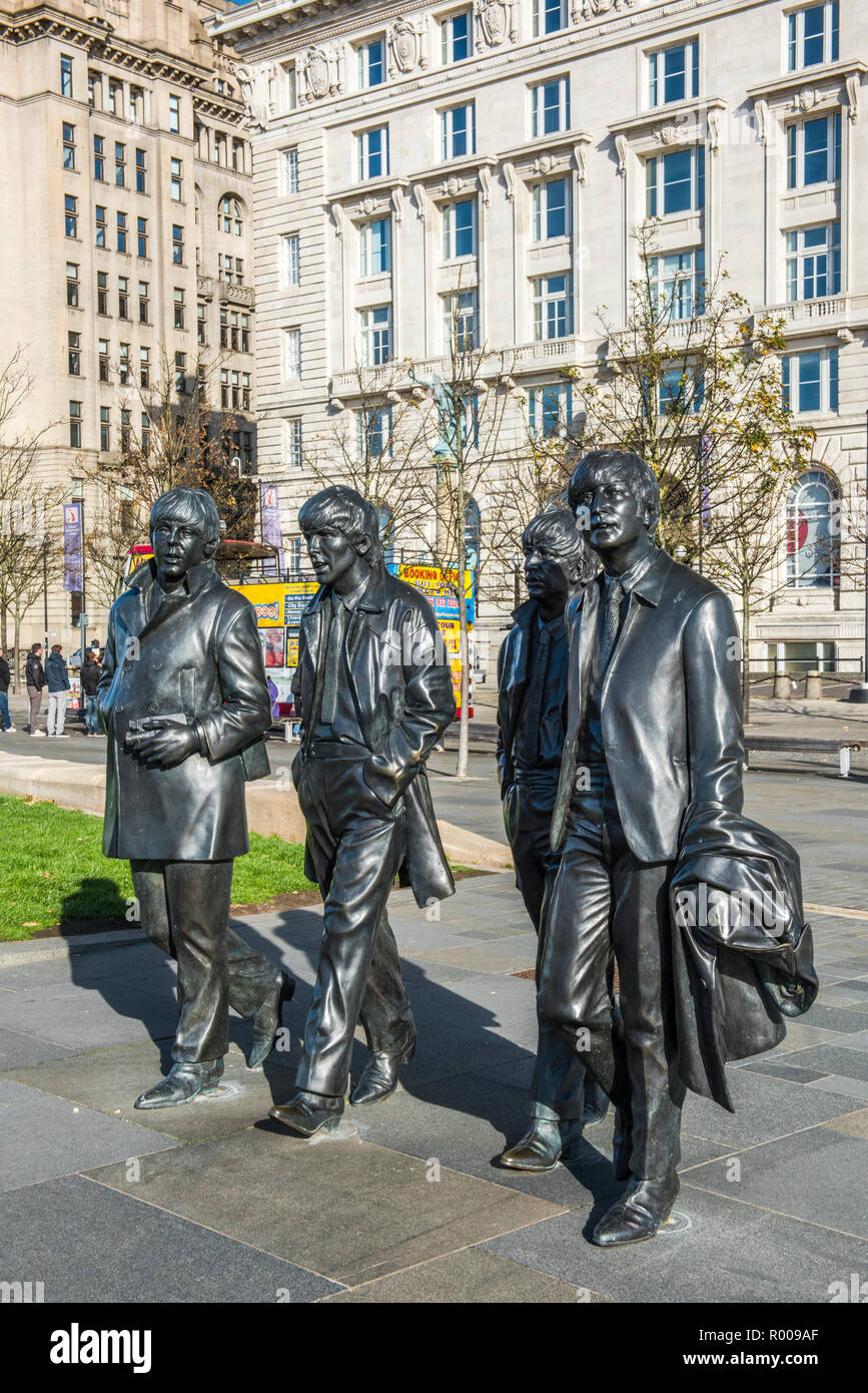 The Beatles Statue on Pier Head, Liverpool, Merseyside Stock Photo