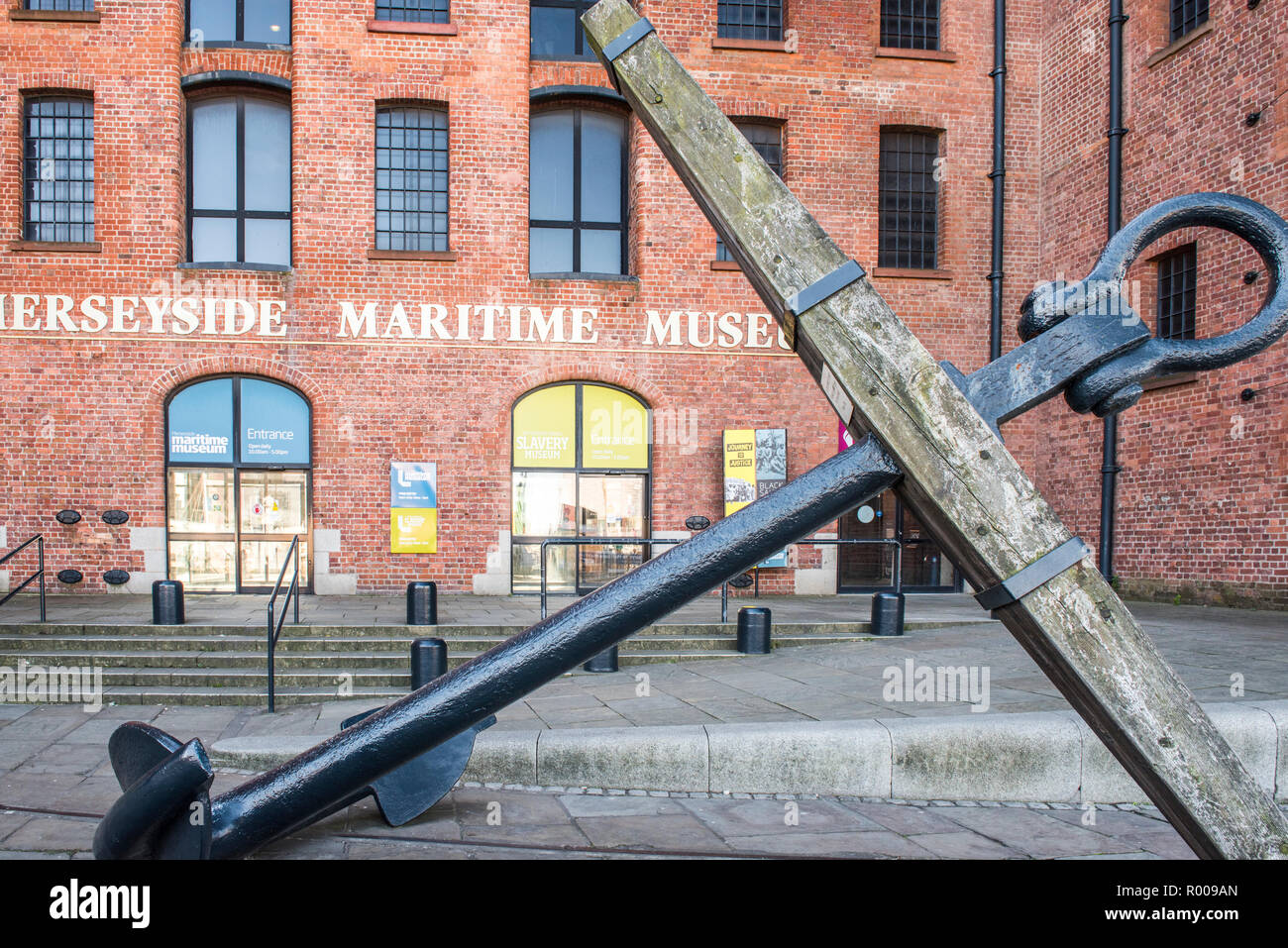 HMS Conway anchor in front of the Merseyside Maritime Museum entrance, Royal Albert Docks, Liverpool, Merseyside Stock Photo