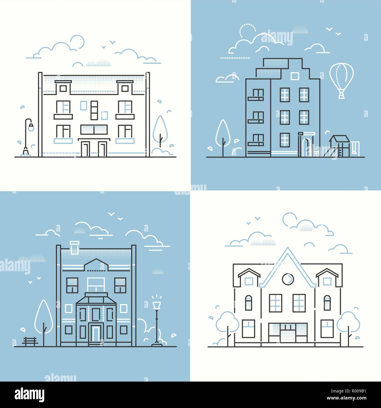 Urban architecture - set of thin line design style vector illustrations ...