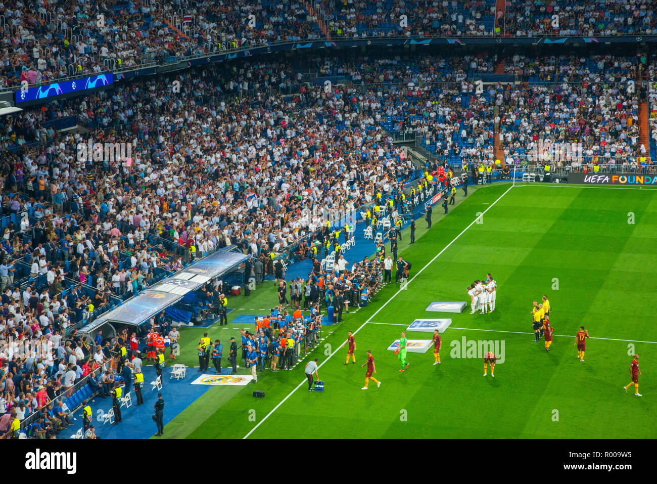 Footballers posing before football match. Champions League, Santiago Bernabeu stadium, Madrid, Spain. Stock Photo