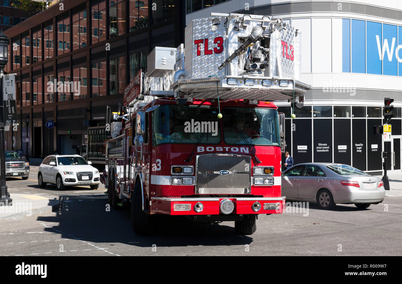 Boston Fire Department Tower Ladder 3, at the junction of Sleeper Street and Seaport Blvd., South Boston. Stock Photo