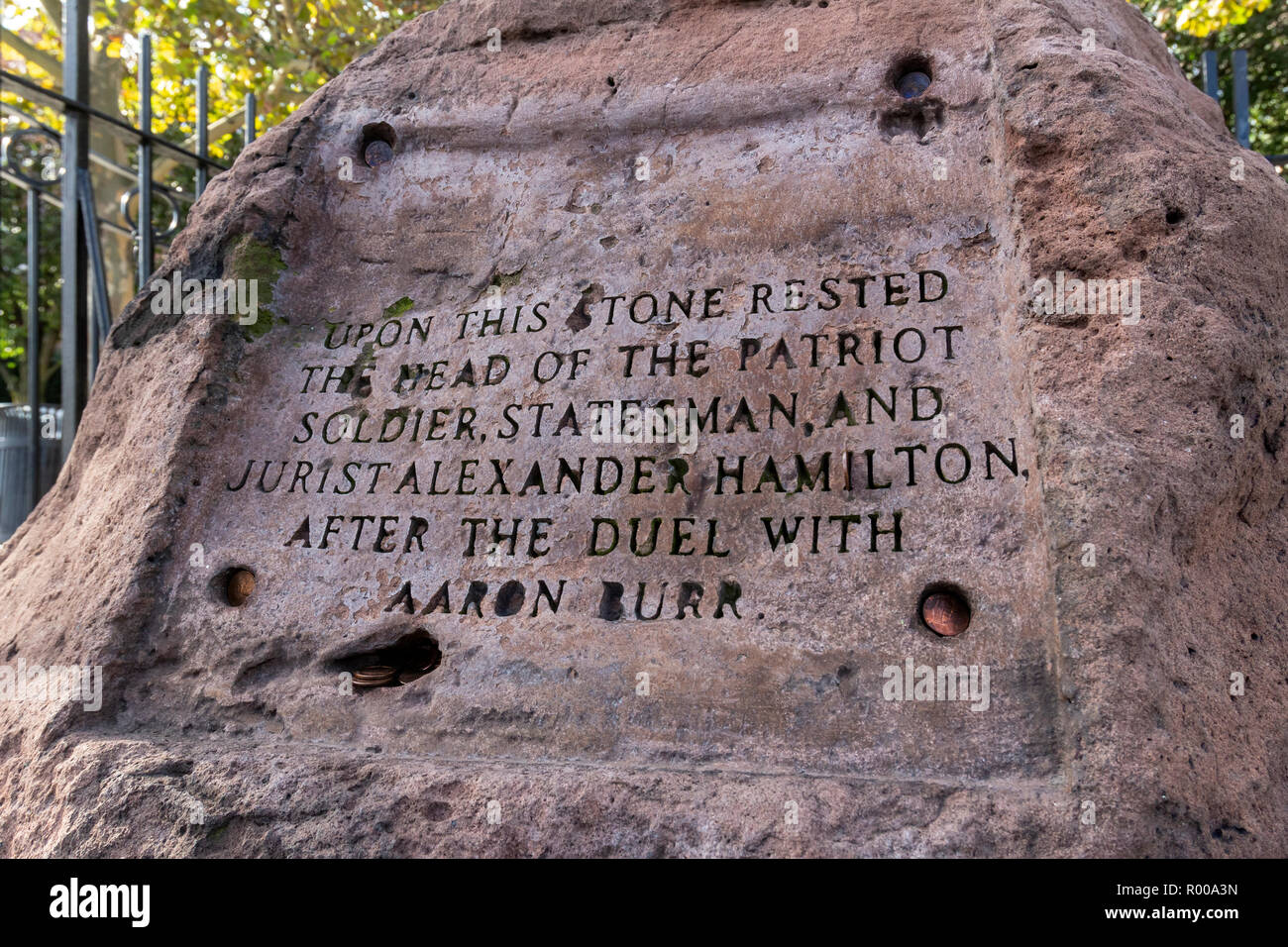 Alexander Hamilton Statue and Head Stone in Dueling Grounds in Weehawken, NJ. Stock Photo