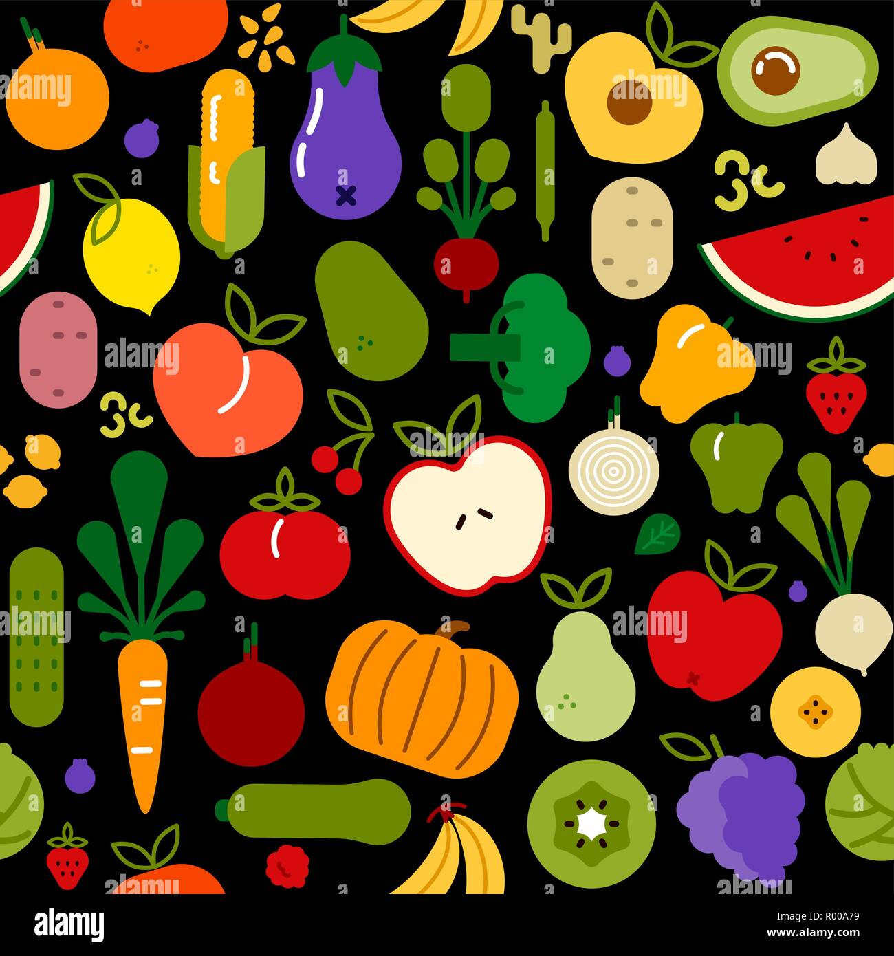 Vegetarian food icon seamless pattern with colorful flat cartoon symbols. Healthy eating or balanced nutrition menu background. Includes apple, banana Stock Vector