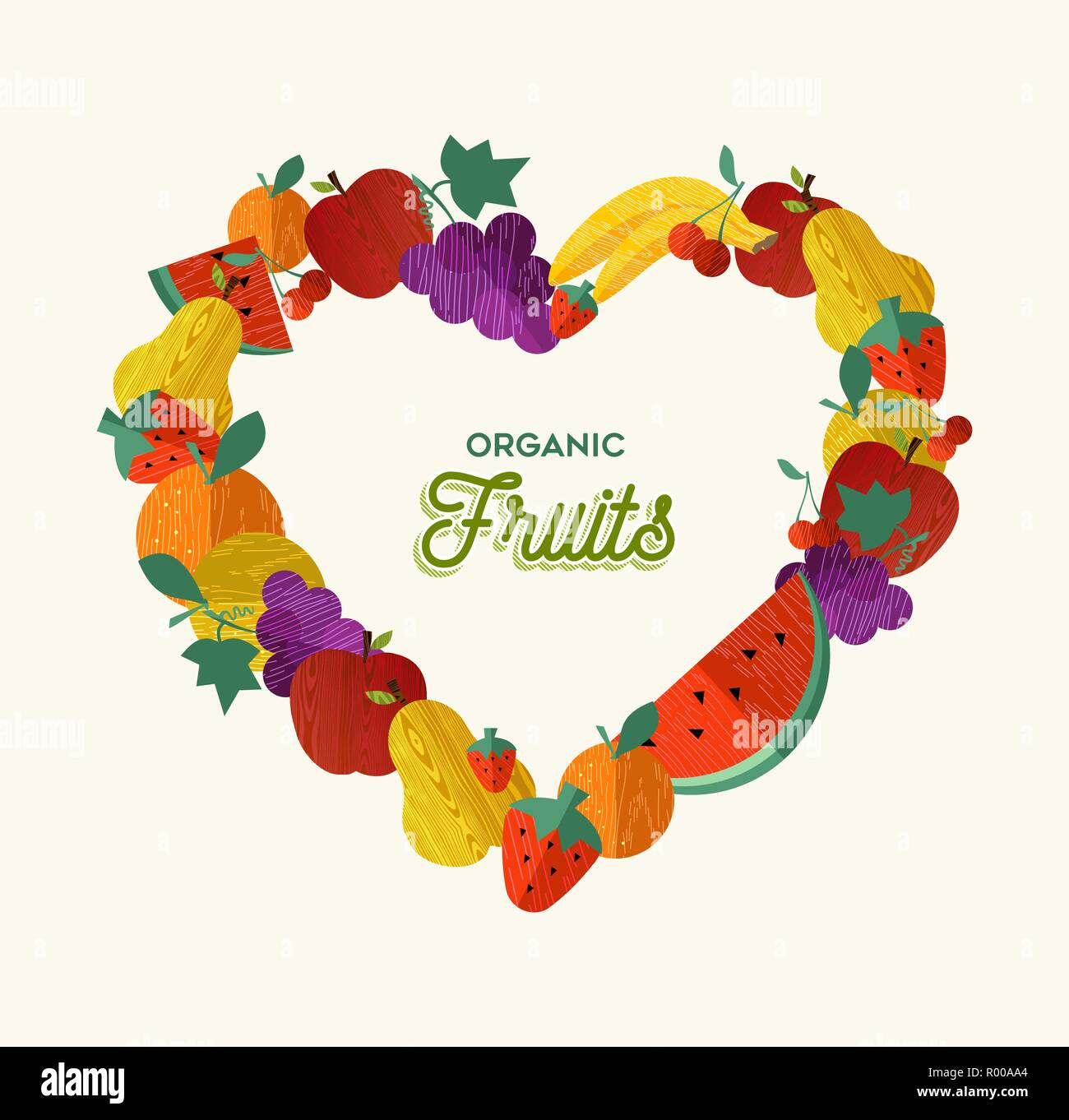 Organic fruit illustration love heart menu design for nutrition and healthy food diet background. Includes apple, banana, watermelon, orange. Stock Vector