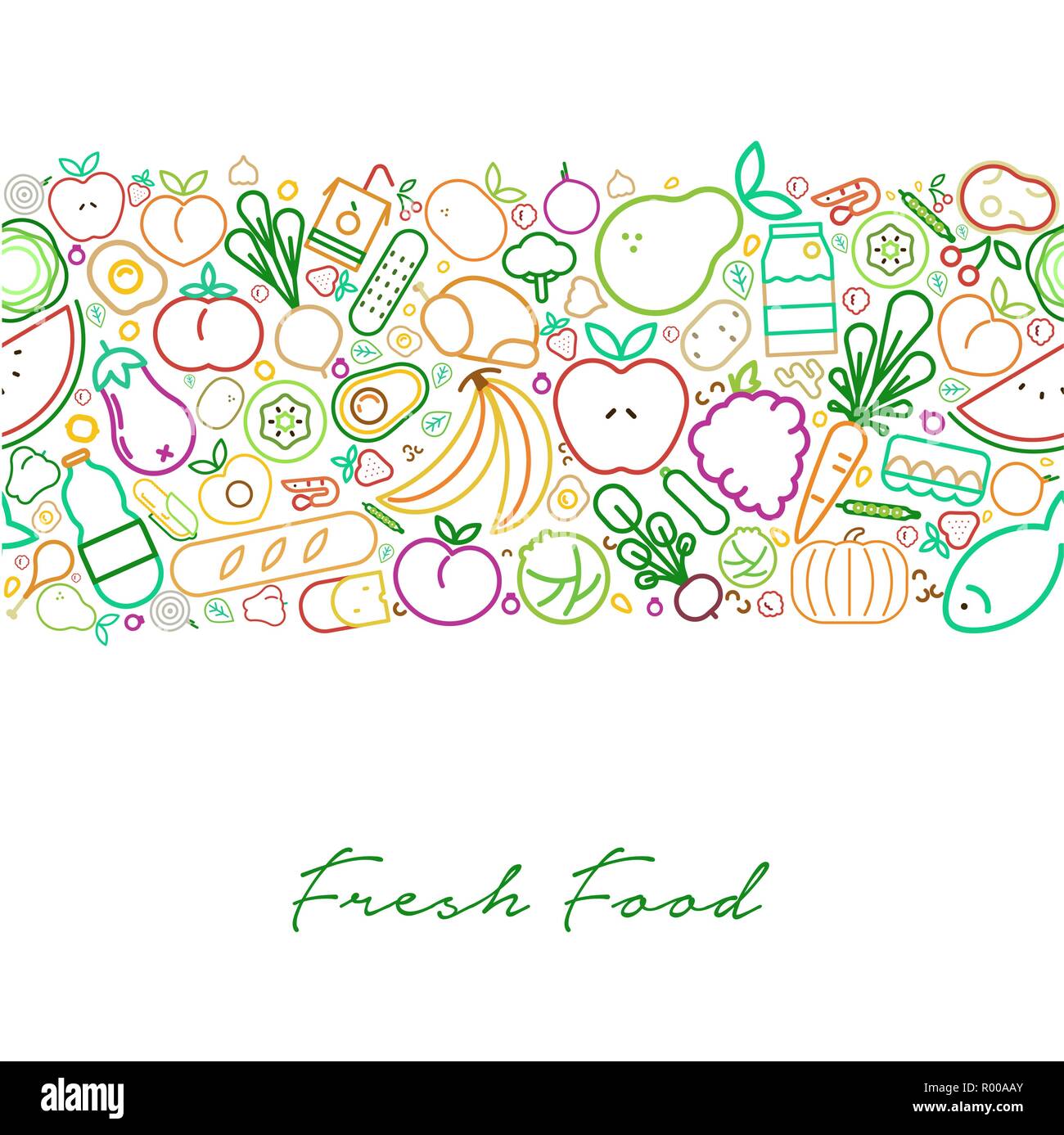 Fresh food illustration background for nutrition and healthy diet with colorful outline style icons. Restaurant menu design background raw gourmet sty Stock Vector