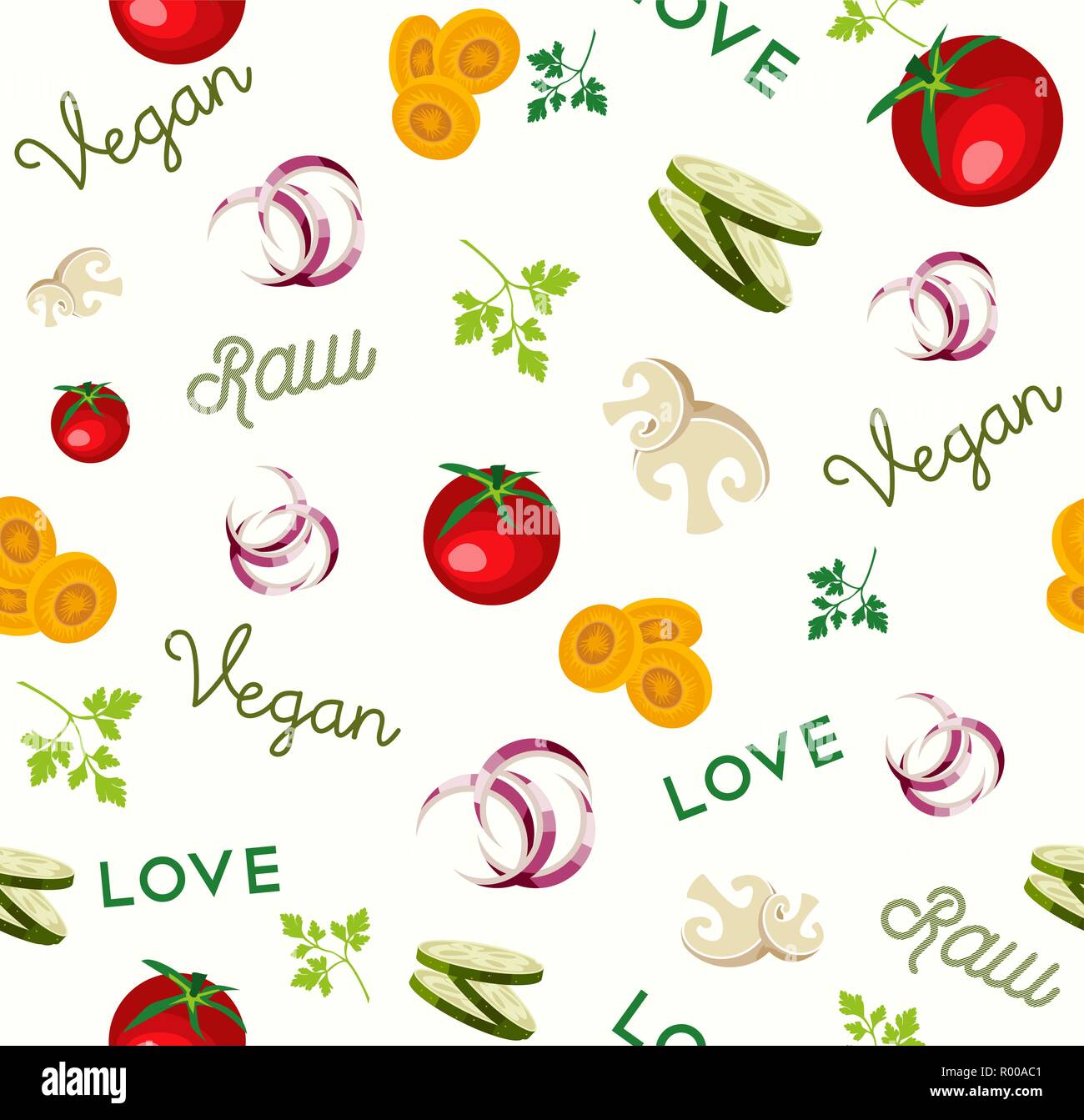 Vegan Raw food seamless pattern for nutrition and healthy diet with colorful flat vegetable icons. Stock Vector