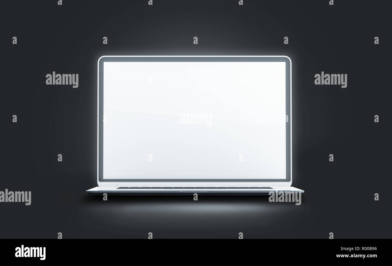 Blank white luminous laptop screen mockup, isolated in darkness, 3d rendering. Empty glowing computer display mock up. Clear modern open lap top. Digital lcd monitor template. Stock Photo