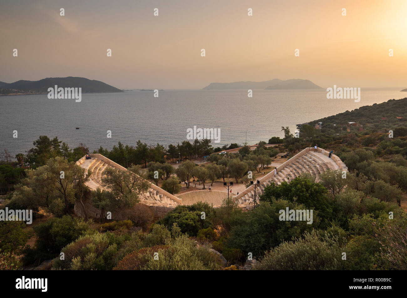 The Theatre of Antiphellos Ancient City in Kas district at sunset , Antalya, Turkey Stock Photo