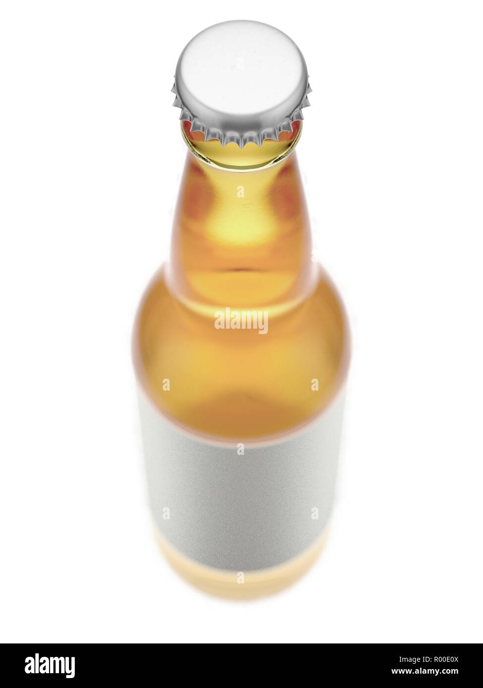 A clear glass beer or cider bottle with a blank label on an isolated white studio background - 3D render Stock Photo