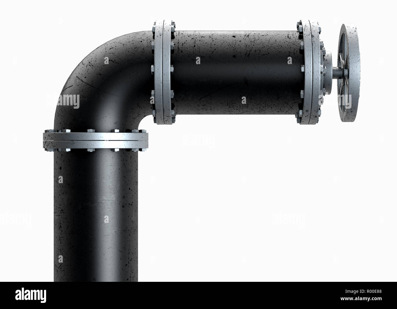A PVC pipe with metal joins and flanges with bolts on an isolated background 3D render Stock