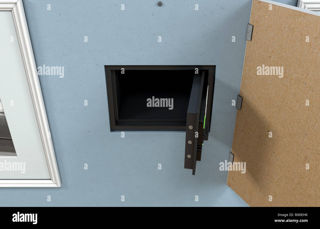 An open hidden wall safe revealed behind a hanging framed picture on a flat blue wall in a house