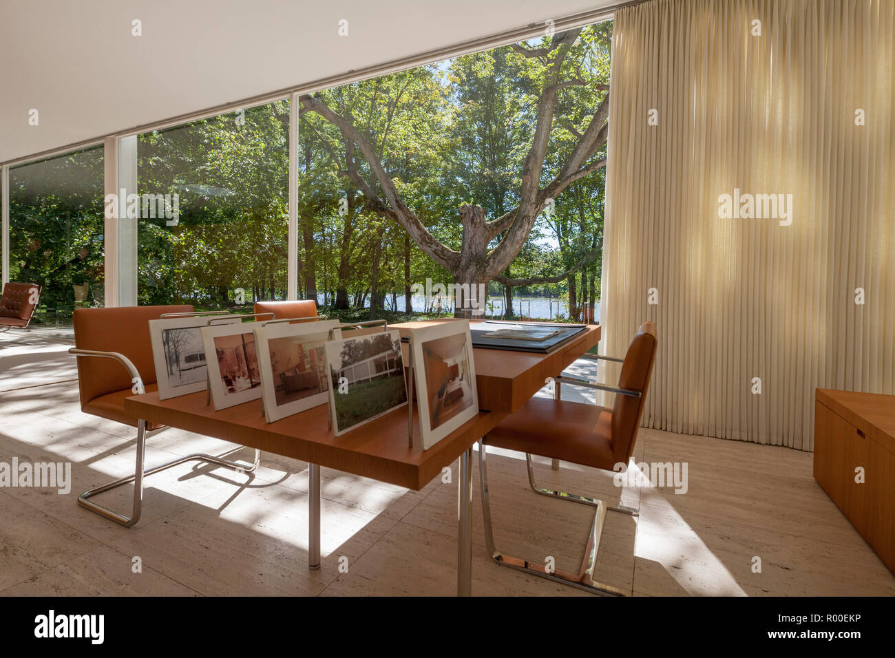 living room, interior of Farnsworth House by architect Ludwig Mies van der Rohe, 1951, Plano, Illinois, USA Stock Photo