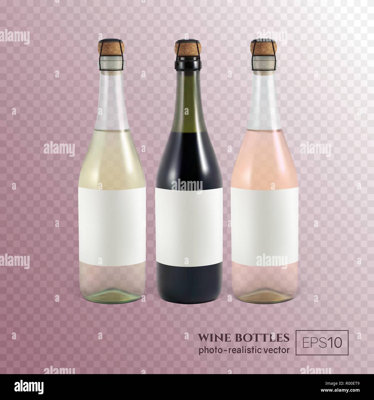 Red, white and rose wine bottles on transparent background. Stock Vector