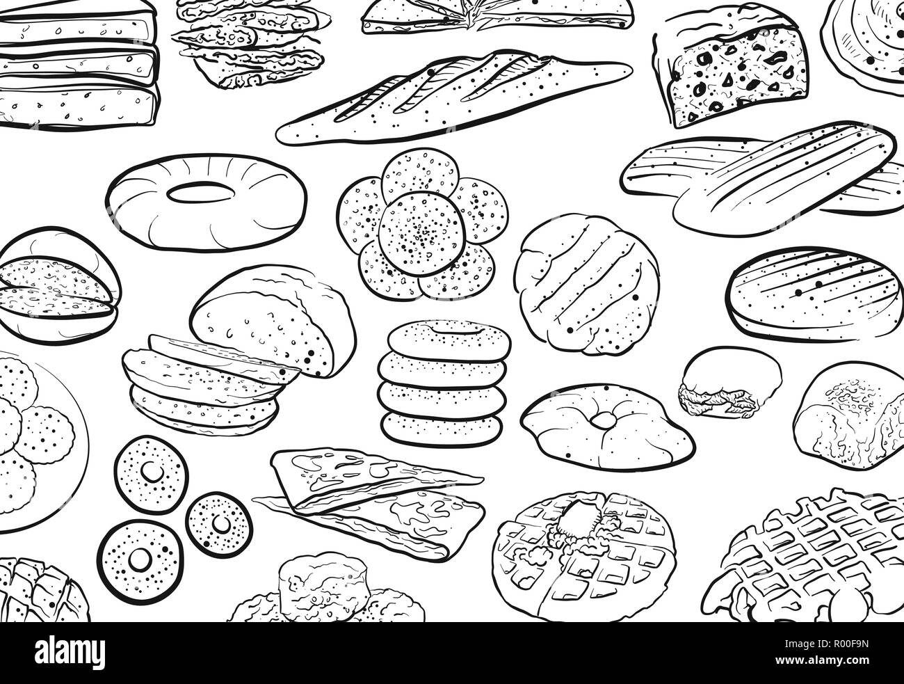 Hand drawn bread doodles pattern. Vector food illustration. Stock Vector