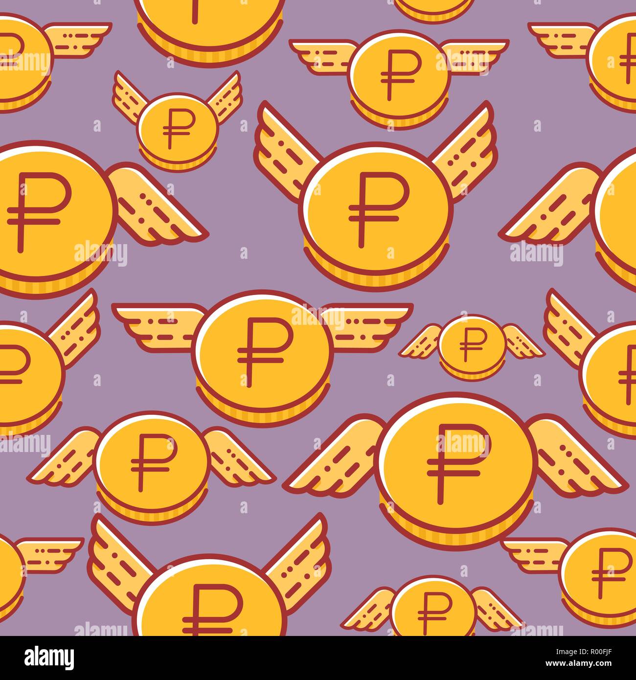 Ruble coins with wings, seamless vector pattern, russian currency Stock Vector