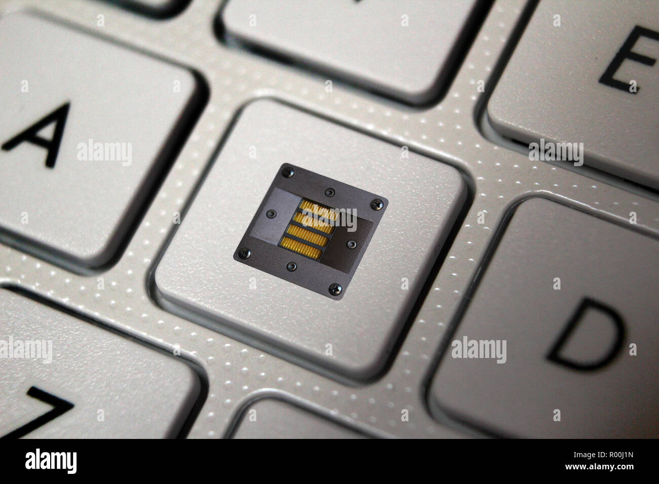 Key on keyboard with music speaker tweeter icon, close up Stock Photo