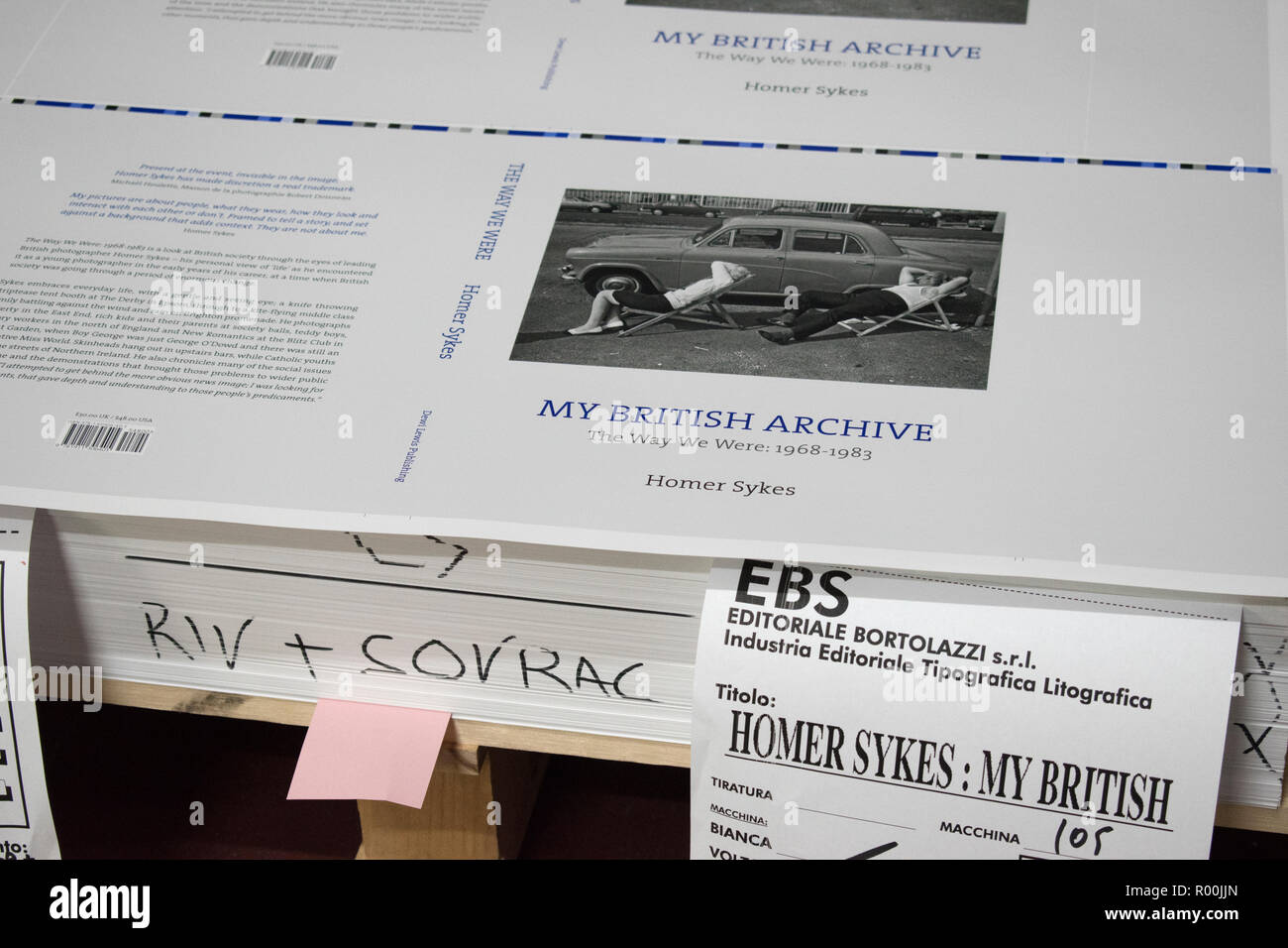 Photography book publishing, page proofs just off the press of My British Archive, The Way We Were 1968-1983 published by Dewi Lewis Publishing at EBS Verona Italy. 2018 HOMER SYKES Stock Photo