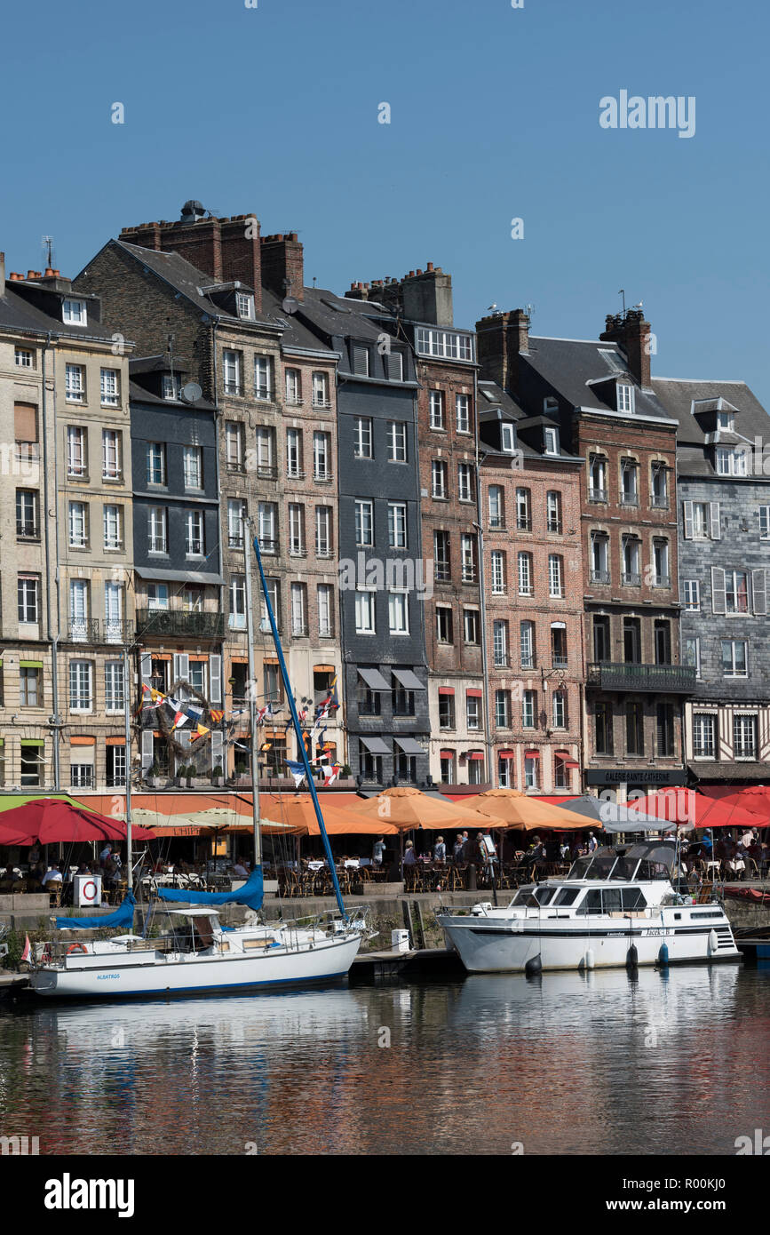 A summer morning in the medieval town and port of Honfleur, Calvados ...