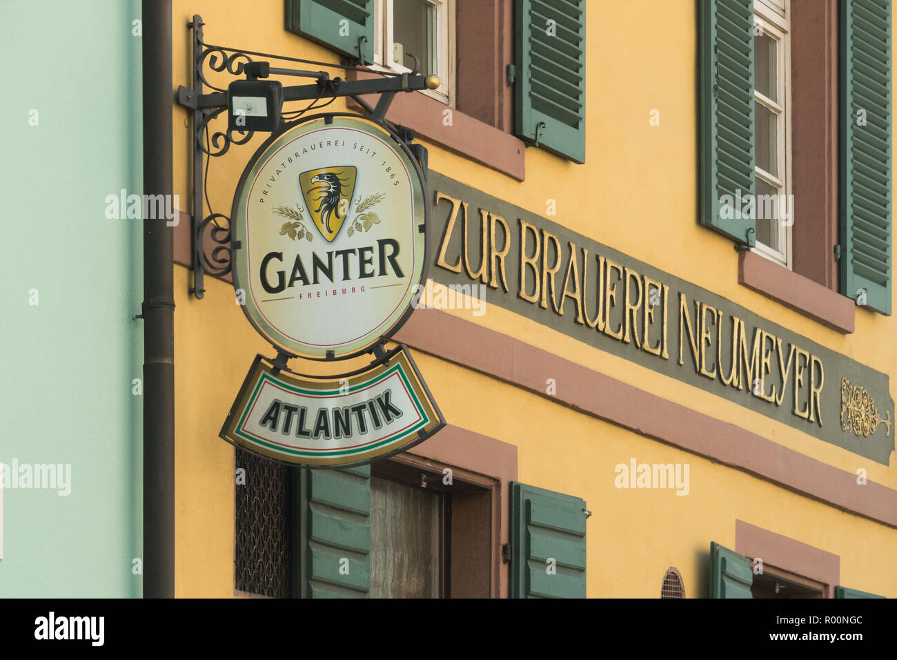 Ganter Bier beer sign hanging outside the Atlantik Bar, Freiburg im Breisgau, Germany Stock Photo