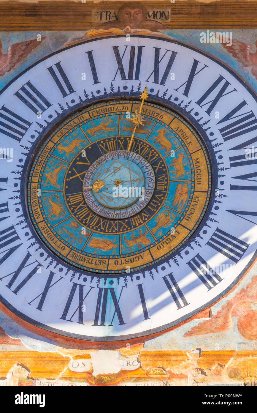 Planetary clock of Clusone, Val Seriana, Bergamo province, Lombardy, Italy. Stock Photo