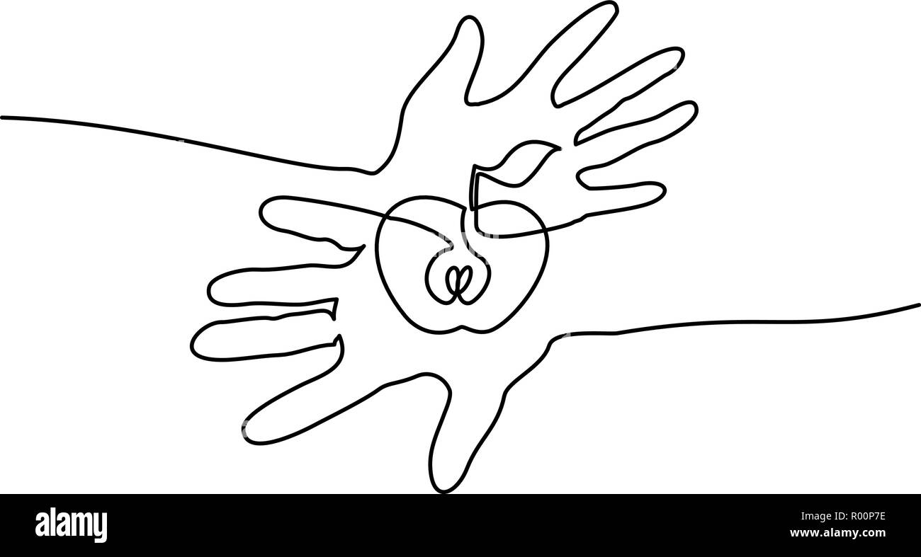 Continuous one line drawing. Abstract hands holding apple. Vector illustration Stock Vector